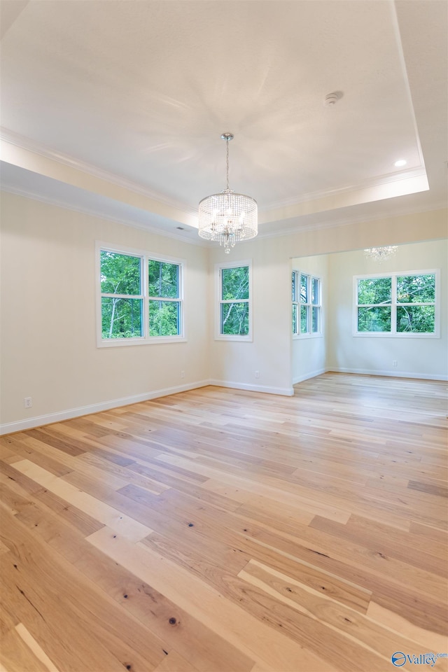 unfurnished room featuring light hardwood / wood-style floors, an inviting chandelier, a wealth of natural light, and a tray ceiling