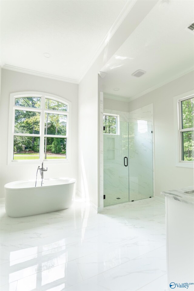 bathroom featuring crown molding, tile patterned flooring, a wealth of natural light, and plus walk in shower