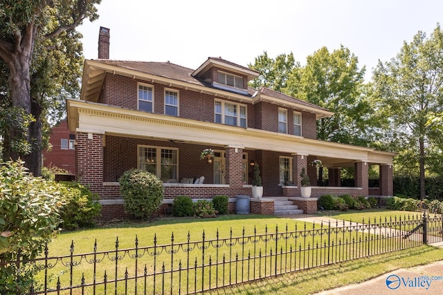 view of front of house featuring a fenced front yard, a porch, a front yard, brick siding, and a chimney