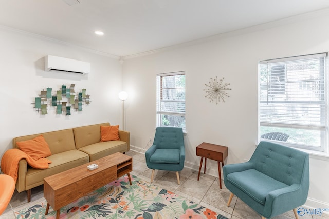 living room featuring a wall mounted AC, light tile patterned floors, and ornamental molding