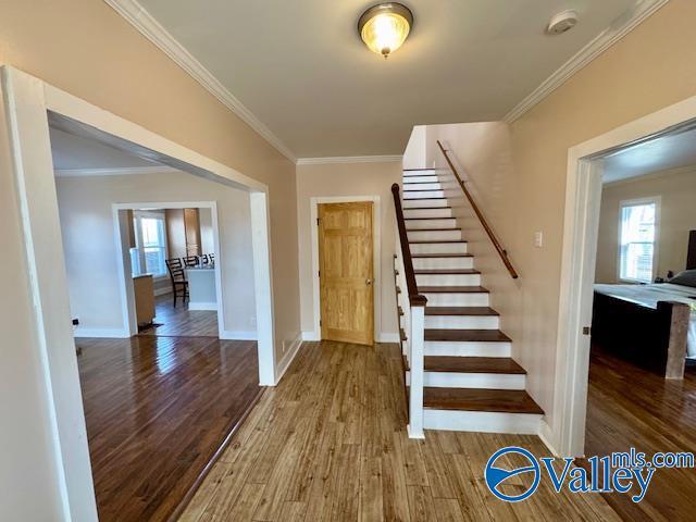 staircase featuring crown molding and wood-type flooring