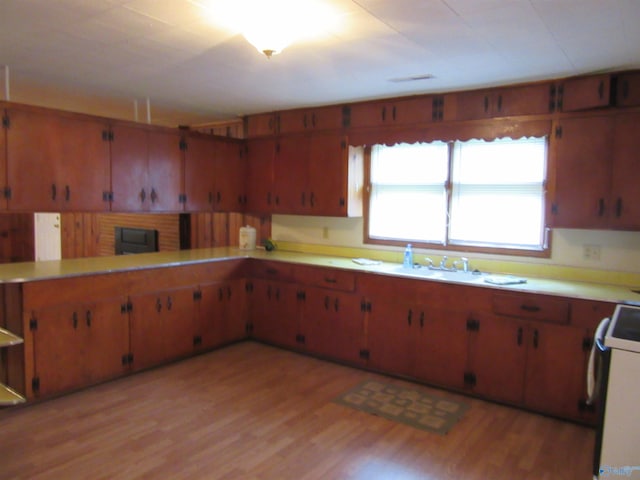 3201 Holmes Ave, Huntsville, AL 35816 - kitchen featuring range, light wood-type flooring, light countertops, and brown cabinetry