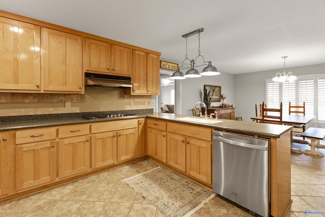 kitchen featuring dishwasher, sink, kitchen peninsula, and decorative light fixtures