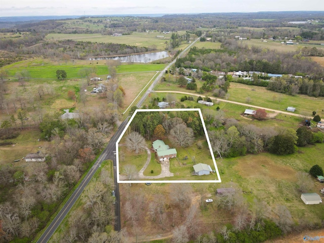 bird's eye view with a water view and a rural view