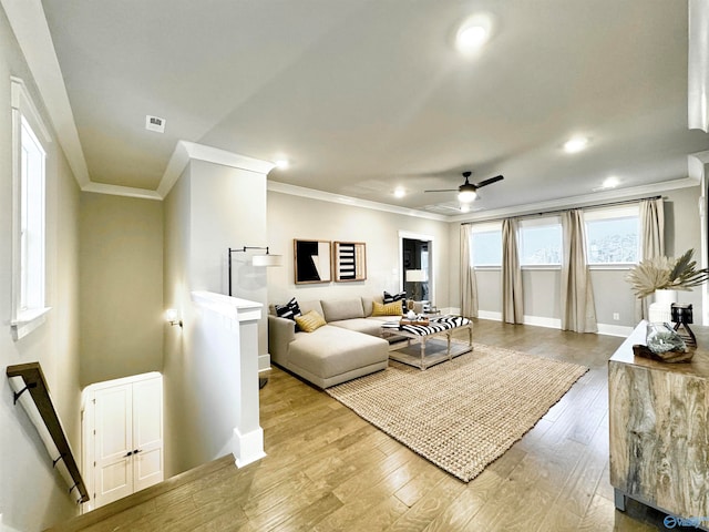 living room featuring crown molding, ceiling fan, and light wood-type flooring