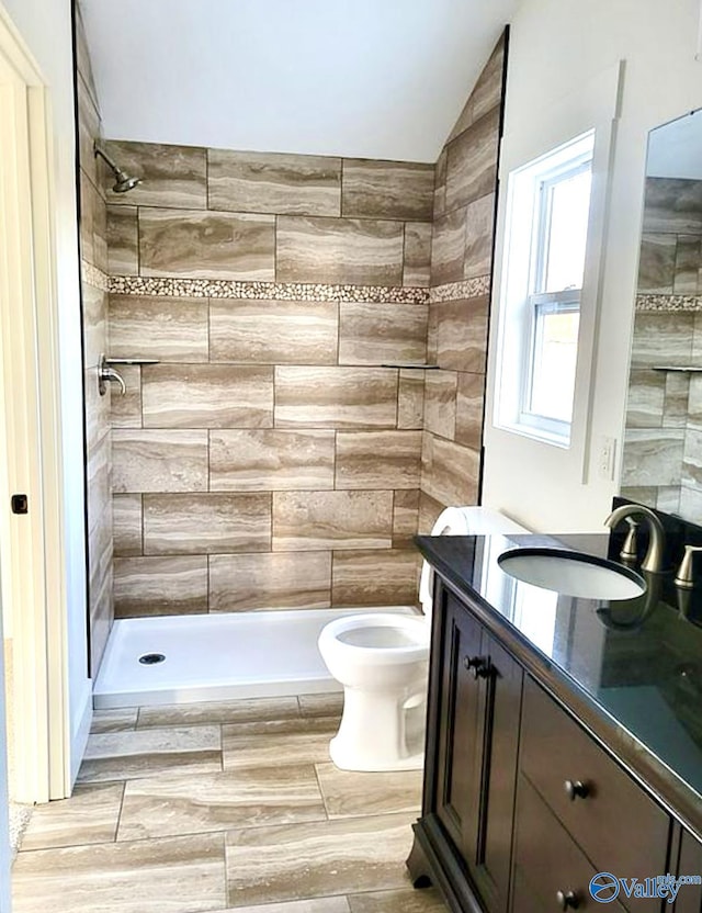 3635 Buck Island Dr, Guntersville, AL 35976 - full bath featuring vanity, toilet, tiled shower, and vaulted ceiling