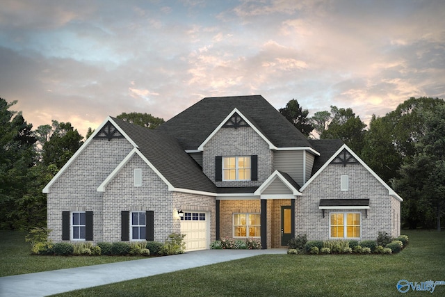 view of front of house featuring driveway, a garage, a shingled roof, a front yard, and brick siding