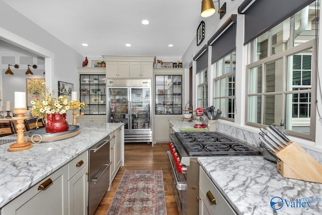 kitchen with high quality appliances, light stone counters, recessed lighting, a warming drawer, and dark wood-style flooring