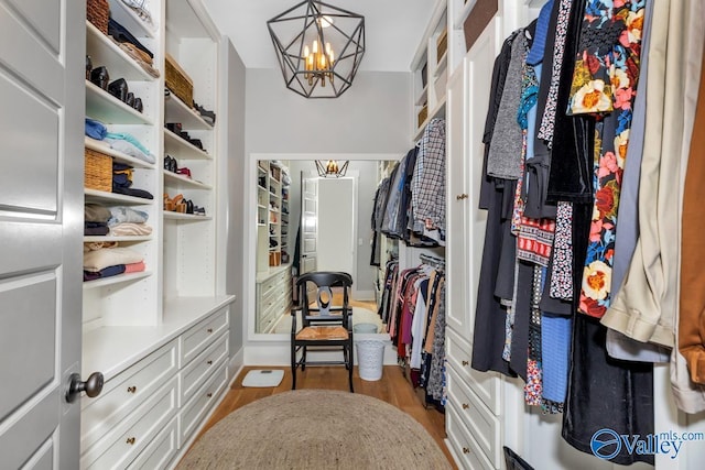 walk in closet featuring an inviting chandelier and wood finished floors