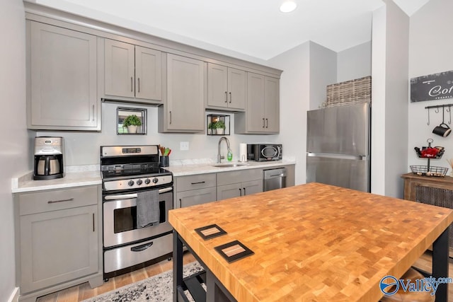 kitchen featuring a sink, butcher block countertops, gray cabinets, and stainless steel appliances