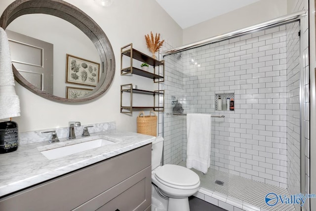 full bath featuring toilet, a stall shower, and vanity