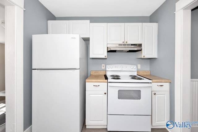 kitchen featuring white cabinets, white appliances, under cabinet range hood, and light countertops