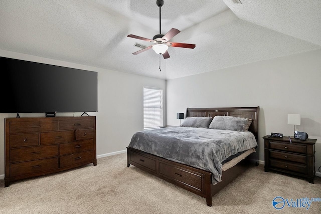 bedroom featuring baseboards, a textured ceiling, a ceiling fan, visible vents, and light colored carpet