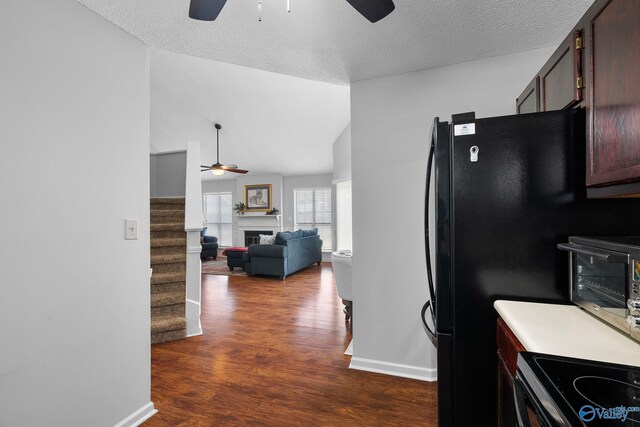 kitchen featuring dark wood-type flooring, a textured ceiling, and ceiling fan