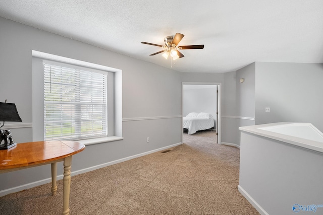 bedroom featuring light carpet, visible vents, baseboards, and a textured ceiling