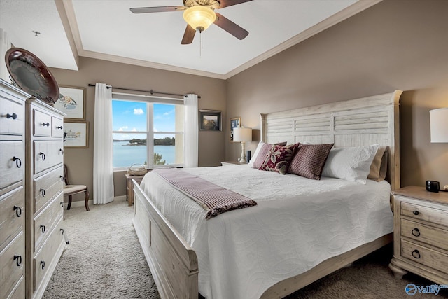 12100 Two Rivers Dr Phi, Phi, Athens, AL 35611 - bedroom featuring light colored carpet, a water view, crown molding, and a ceiling fan