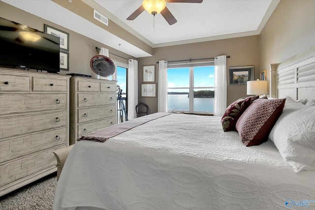 12100 Two Rivers Dr Phi, Phi, Athens, AL 35611 - bedroom with crown molding, a water view, and a ceiling fan