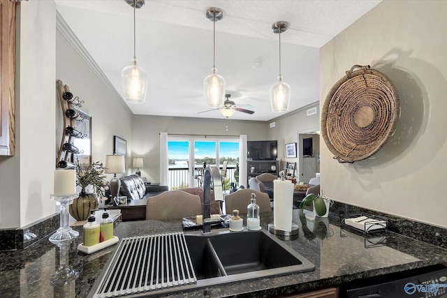 12100 Two Rivers Dr Phi, Phi, Athens, AL 35611 - kitchen featuring ceiling fan, dishwasher, crown molding, dark stone countertops, and decorative light fixtures