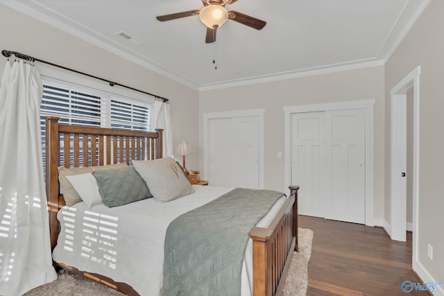 bedroom featuring crown molding, dark hardwood / wood-style floors, two closets, and ceiling fan