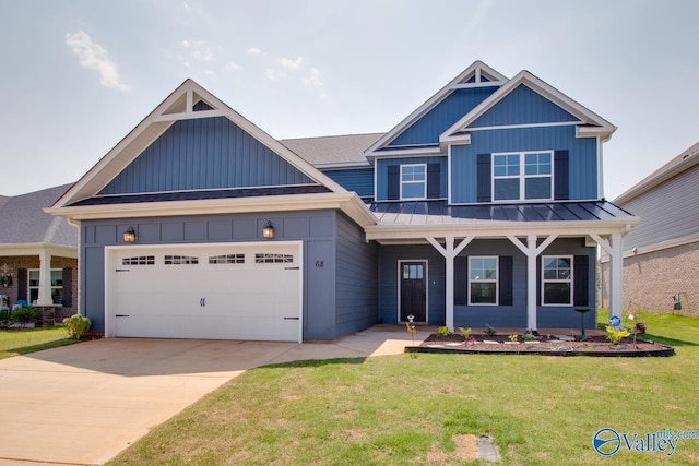 craftsman-style home with a porch, a garage, and a front lawn