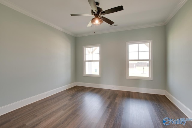 empty room with dark hardwood / wood-style floors, ceiling fan, and ornamental molding