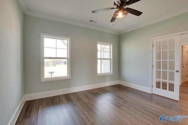 spare room featuring ceiling fan, dark hardwood / wood-style flooring, crown molding, and french doors