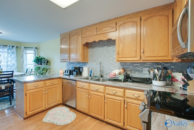 kitchen featuring backsplash, appliances with stainless steel finishes, sink, kitchen peninsula, and light hardwood / wood-style flooring