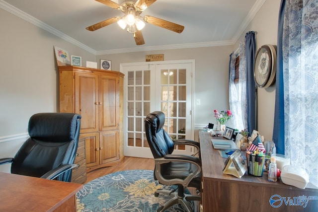 home office with ornamental molding, french doors, light hardwood / wood-style floors, and ceiling fan