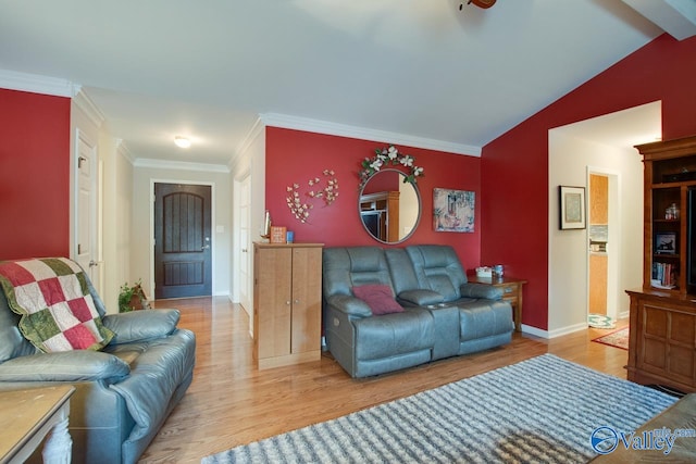 living room featuring ornamental molding, light wood-type flooring, and vaulted ceiling with beams