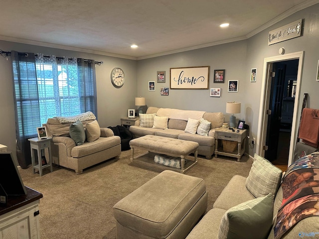 living room with ornamental molding, lofted ceiling, and carpet flooring