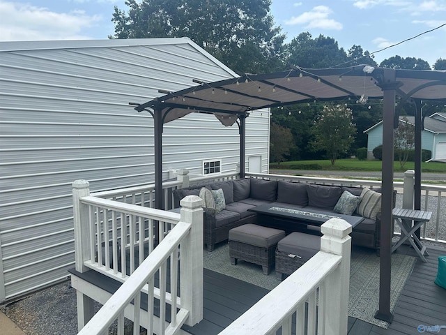 wooden terrace featuring a pergola and outdoor lounge area