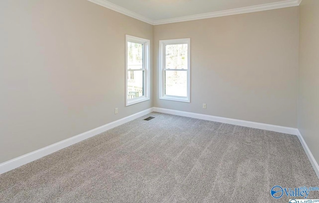 carpeted spare room with crown molding