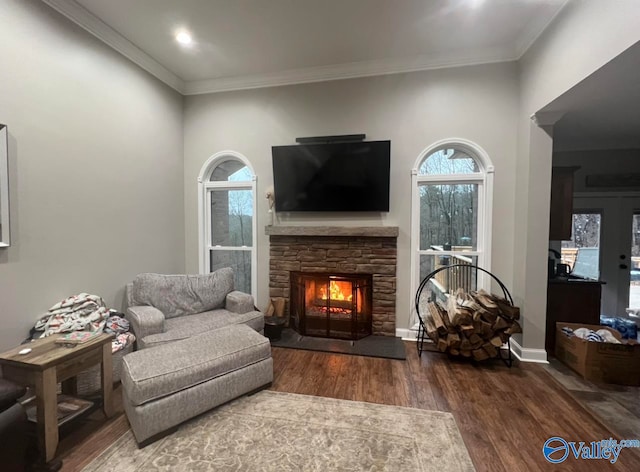 living room featuring ornamental molding, wood-type flooring, and a stone fireplace