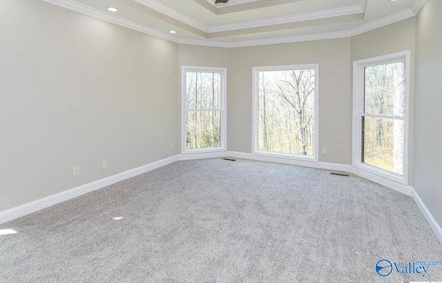 unfurnished room with a wealth of natural light, crown molding, and carpet flooring