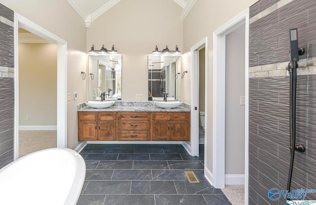 bathroom with crown molding, vaulted ceiling, dual bowl vanity, tile patterned flooring, and a bath