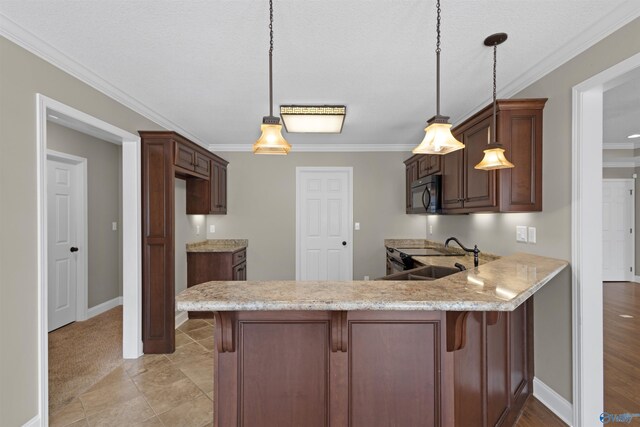 kitchen with ornamental molding, a peninsula, light stone countertops, black microwave, and range with electric stovetop