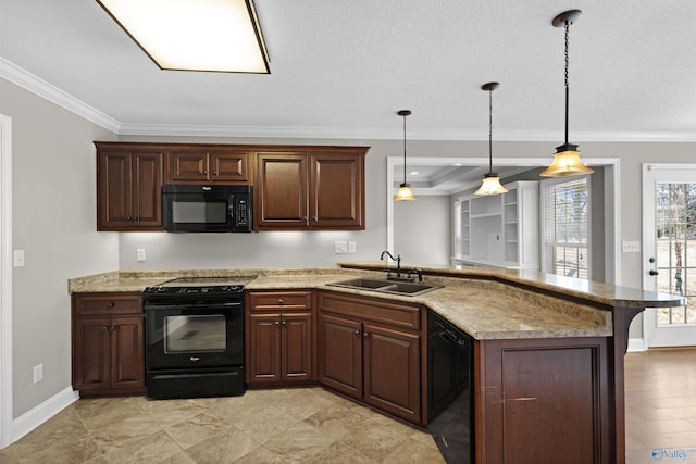 kitchen with a peninsula, a sink, a kitchen breakfast bar, black appliances, and crown molding