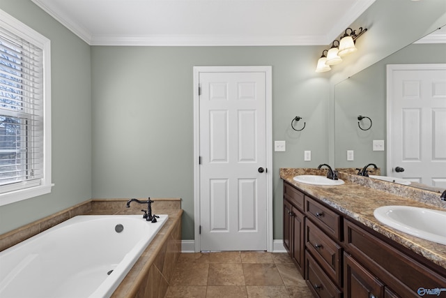 full bathroom featuring ornamental molding, tiled bath, a sink, and double vanity