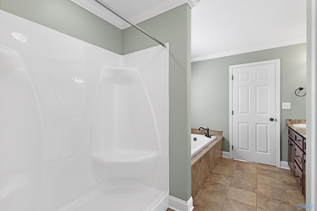 full bathroom with tiled tub, ornamental molding, a shower, and vanity