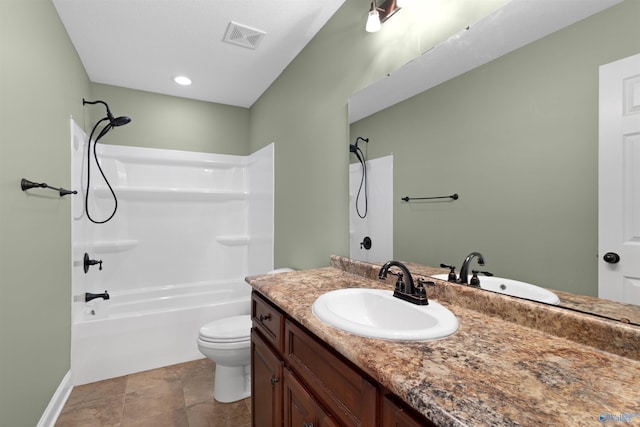 bathroom with toilet, washtub / shower combination, vanity, and visible vents