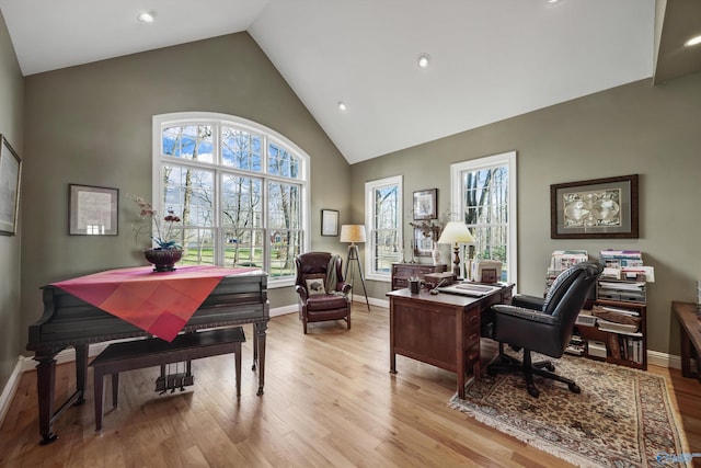 13032 Monte Vedra Rd, Huntsville, AL 35803 - office space featuring baseboards, light wood-type flooring, high vaulted ceiling, and recessed lighting