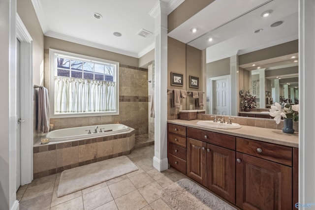 13032 Monte Vedra Rd, Huntsville, AL 35803 - bathroom featuring a bath, walk in shower, ornamental molding, and vanity