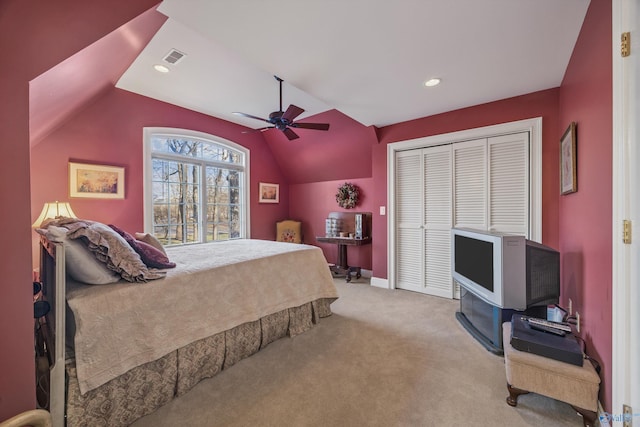13032 Monte Vedra Rd, Huntsville, AL 35803 - carpeted bedroom with lofted ceiling, visible vents, a closet, baseboards, and ceiling fan