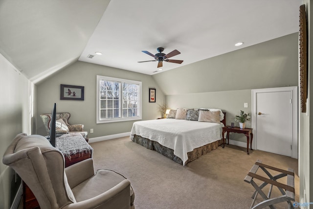 13032 Monte Vedra Rd, Huntsville, AL 35803 - bedroom with vaulted ceiling, baseboards, light colored carpet, and a ceiling fan