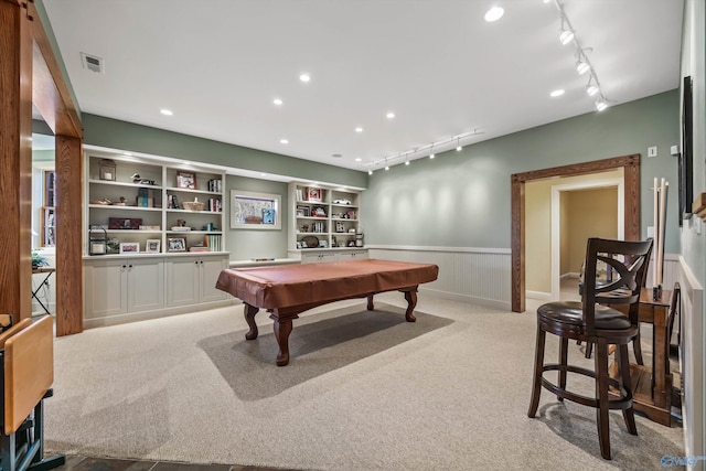13032 Monte Vedra Rd, Huntsville, AL 35803 - playroom with recessed lighting, billiards, track lighting, wainscoting, and light colored carpet
