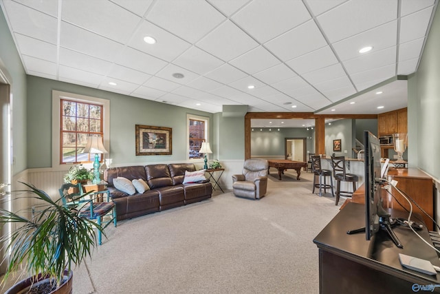 13032 Monte Vedra Rd, Huntsville, AL 35803 - living area with a paneled ceiling, a wainscoted wall, pool table, and carpet floors
