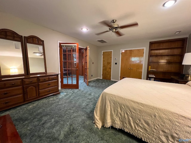 carpeted bedroom with french doors and ceiling fan