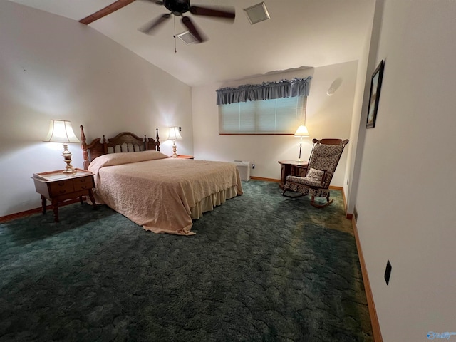 bedroom featuring lofted ceiling, ceiling fan, and dark colored carpet