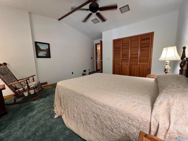 carpeted bedroom featuring a closet, ceiling fan, and lofted ceiling