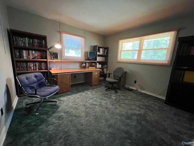 office area featuring dark colored carpet